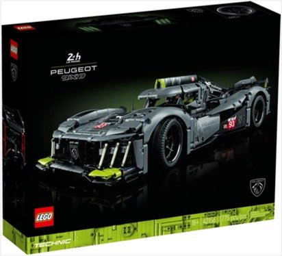 Image of the boxed set of the Lego Texhnic Peugeot 9x8 24h LeMans Hybrid Hypercar building set 42156