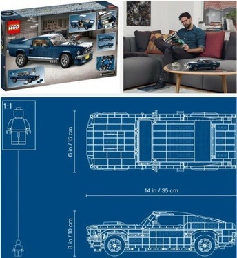 Images highlighting the dimensions of the Lego Creator Expert Ford Mustang 10265