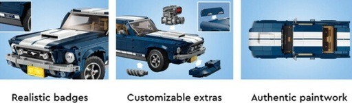 Images of some of the features of the Lego creator Expert Ford Mustang, realistic badges image with text, customizable extras image with text, authentic paintwork image with text.