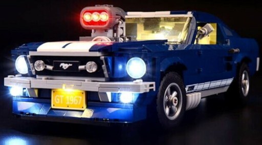 Image of Lego Creator Expert Ford Mustang 10265 with light kit installed on display. 