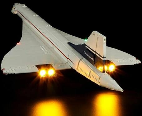 Image of the Lego Concorde with a BRICKSMAX Led light kit installed, 