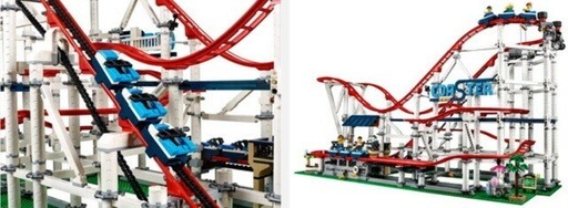 Image of cars on the track, Lego Creator Expert Roller Coaster 10261.