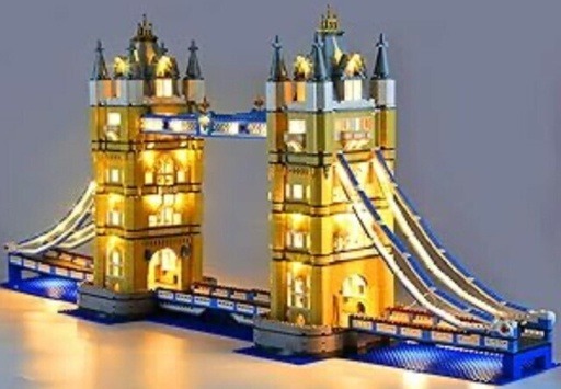 Image of Lego Creator Expert Tower Bridge with light kit installed.