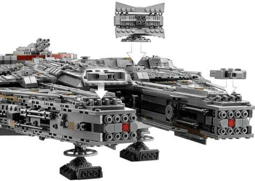 Showing connectable features on the front of the Lego Ultimate millennium Falcon set. Link to Amazon.