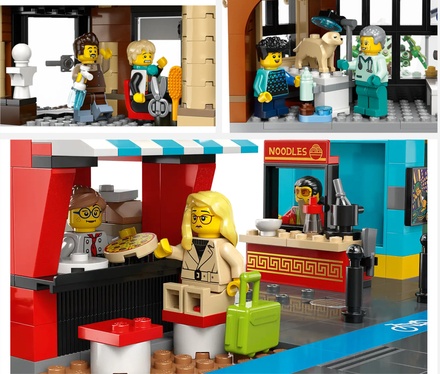 3 images of the shops of the Lego City Downtown Set with minifigures behind the counters.