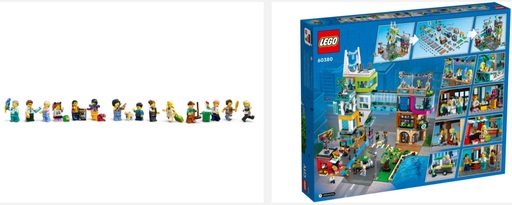 Mage of all the minifigures included in the set, image of the boxed set of the Lego City Downtown Set