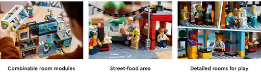 Images of sections of the Lego Downtown Set,1. Combinable room modules. 2. Street food area. 3. Detailed rooms for play.