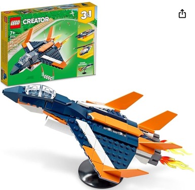 Versatile LEGO Sets, Images of LEGO Creator 3 in 1 Supersonic-jet 31126. Link to Amazon.