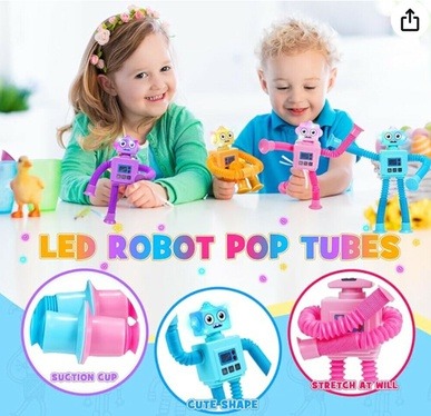 Image of Exssary Robot Pop Tubes - Best Fidget Toys for Autismshowing 2 children engaged in play, also showing 3 sub images with the text - sucrion cup, cute shape, stretch at will. Image links to Amazon marketplace for more details and purchase option.