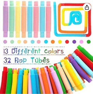 Image of 32 Pack Pop Tubes Sensory Toys by Littley, with the text 13 different colours and 32 pop tubes. Image links to amazon marketplace 