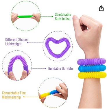 Image of 32 Pack Pop Tubes Sensory Toys by Littley. Image showing a variety of positions and has the text -stretchable safe to use, different shapes lightweight, bendable durable, connectable fine workmanship. Image links to amazon marketplace.