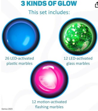 Image of Marble Genius Glow Marble Run Marbles showing 3 marbles and include the text 3 kinds of glow, this set includes 26 led activated plastic marbles, 12 led activated glass marbles, 12 motion activated flashing marbles. Image links to amazon marketplace.