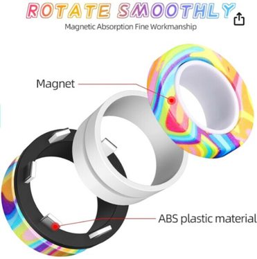 Image of Magnetic Rings Fidget Toys, showing the ring in a separated order with the text - rotate smoothly, abs plastic material. Image links to amazon marketplace.