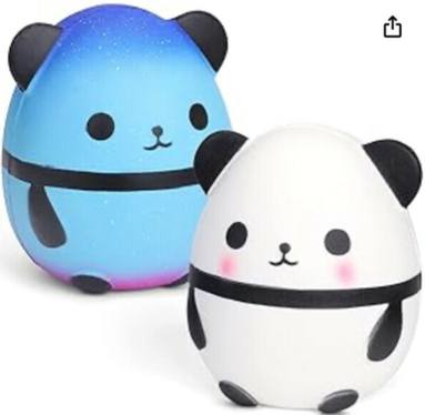 Image of Jumbo Squishy Panda Egg Doll Squeeze Stress Ball. Showing 2 pandas one in blue and the other in white. Image links to amazon marketplace for more details and purchase option.