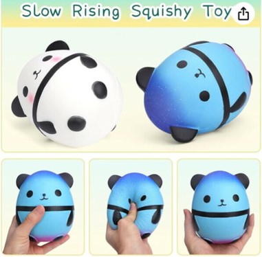 Image of Jumbo Squishy Panda Egg Doll Squeeze Stress Ball, showing a hand holding and squeezing the pandas. Image links to amazon marketplace.