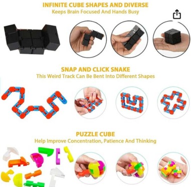 Image of Sensory Fidget Toy Set for Kids: Best Fidget Toys for Autism, showing 3 of the products from the set such as the infinity cube,snap and click snake, puzzle cube. Image links to amazon marketplace.