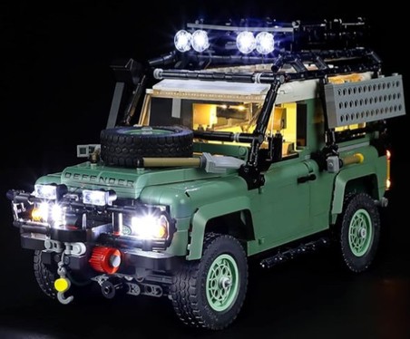 Image of the LEGO Icons Land Rover Classic Defender 90, with lighting kit on display