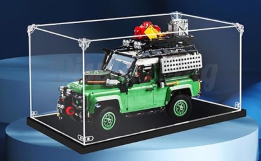 Image of the LEGO Icons Land Rover Classic Defender 90 in a display case