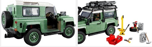 Image of 2 displays of the LEGO Icons Land Rover Classic Defender 90 set