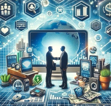 A digital collage depicting affiliate marketing in the digital age, featuring a computer, internet icons, people shaking hands, products being advertised online, and a growth chart, all set against a background symbolizing a global, digital network.