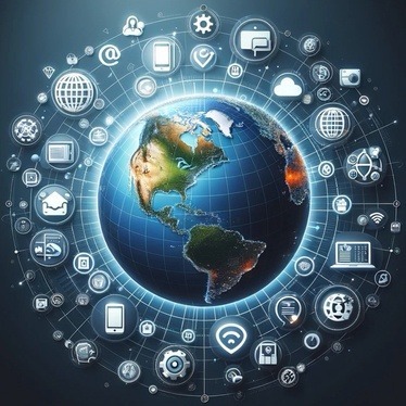 An image showcasing a globe at the center, encircled by various digital icons representing blogging, social media, online marketing, and product reviews. Icons of laptops, smartphones, and tablets are also included, emphasizing the global and interconnected nature of affiliate marketing strategies in the digital world.