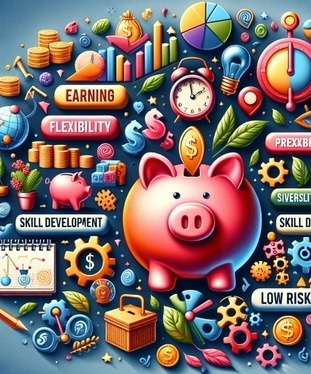 A vibrant montage showing visual elements like a piggy bank for earnings, a clock symbolizing flexibility, various products for diversity, educational icons for skill development, and a safety net representing low risk. This image captures the diverse benefits of effective affiliate strategies in marketing, emphasizing how these strategies empower marketers.