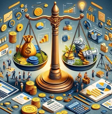 A conceptual image depicting a balance scale with coins and a calculator on one side, representing program costs and ROI calculations, and a treasure chest on the other, symbolizing potential earnings. The scene also includes a laptop, camera, and marketing charts, highlighting website hosting and content creation tools. Additionally, a group of diverse people and a toolkit represent Wealthy Affiliate’s community-driven learning and tool synergy.