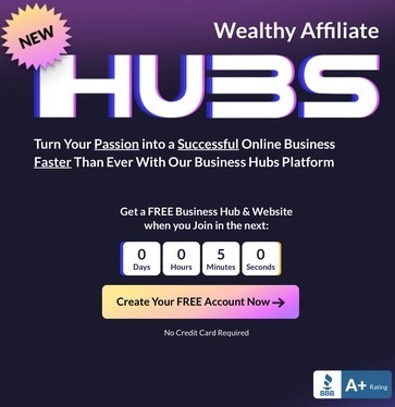 Image of the home page for wealthy affiliate site promoting the Hubs feature on a sign in page