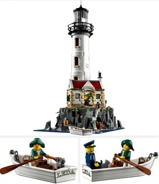 Image of the Lego Ideas Motorized Lighthouse 21335 Lego building set , also image of the small rowboat with the 2 minifigures