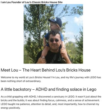 Image of the about Lou page at Lou’s Bricks House header with an image of Lou and one of his kids, and the introduction of the page