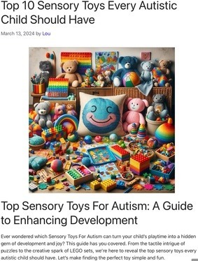 Visual display of the top 10 sensory toys featured in the article ‘Top 10 Sensory Toys Every Autistic Child Should Have’ at Lou’s Bricks House, showcasing a colorful assortment of toys designed for autistic children’s developmental needs.