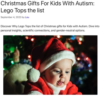 Header image for ‘Christmas Gifts For Kids With Autism: LEGO Tops the List,’ featuring a toddler in a cute Santa outfit engaging with LEGO gifts. The background is adorned with festive Christmas lights, setting a joyful holiday mood and illustrating why LEGO is an ideal Christmas gift for kids with autism.