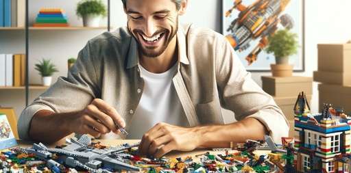 A happy adult sitting at a table focused on assembling a colorful LEGO set, showcasing a variety of LEGO pieces spread out, in a brightly lit room, representing a joyful and engaging building experience.