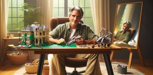 An updated serene scene with a middle-aged Caucasian male seated, smiling gently and looking directly at the viewer while building a Lego set. The room is brighter with natural light, emphasizing a warm, inviting, and tranquil environment, ideal for stress relief through creative Lego activity.