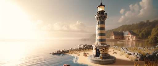 Serene waterfront scene with a realistic lighthouse resembling the LEGO Ideas Motorized Lighthouse. The scene is bathed in soft sunlight, highlighting the calm ocean and the lighthouse’s intricate architecture.