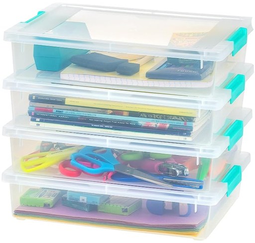 Image of the 
 IRIS USA 5.7 L (6 US Qt) Large Clip Box, 4 Pack, Clear Plastic Storage Container Bins with Latching Lids. Link to amazon.