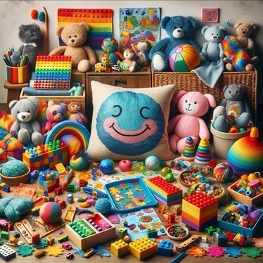 The image illustrates a vibrant and engaging scene of sensory play for autistic children, featuring an assortment of sensory toys such as tactile puzzles, scented plushies, visually stimulating toys, LEGO sets, and weighted blankets. It showcases a colorful and inviting environment filled with various textures and shapes, designed to radiate joy, creativity, and a spectrum of sensory experiences, highlighting a safe and nurturing space for exploration, learning, and growth.