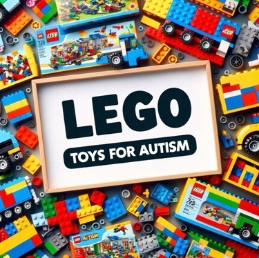 Created image with bold text in the middle “ LEGO TOYS FOR AUTISM” surrounded by multicoloured Lego bricks