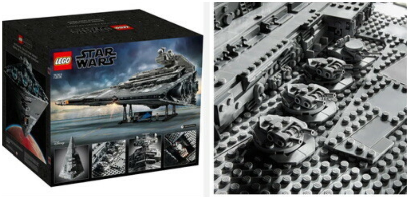 Image of Lego Star Wars Imperial Star Destroyer boxed set and image of the gun turrets on top of the set