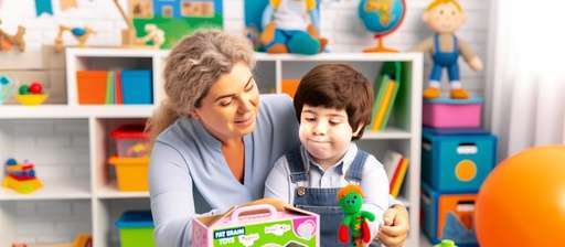 A young child with autism and their caregiver in a vibrant playroom, playing with ‘Fat Brain Toys Dimpl Pops Deluxe’ and assembling a ‘Hand Puppet Making Kit’. The room is filled with educational and sensory toys, depicting a nurturing and educational setting.