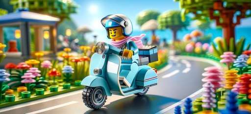 LEGO Icons Vespa 125 (10298) set featuring a LEGO minifigure riding a pastel blue Vespa scooter on a scenic road with flowers and trees, showcasing the detailed and vibrant design of the LEGO Vespa set.
