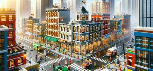 Explore the Comprehensive Review of LEGO City Downtown Set 60380 at Lou’s Bricks House, depicting a dynamic LEGO cityscape with diverse building modules and figures actively engaging in construction, highlighting the set’s complexity and creativity.