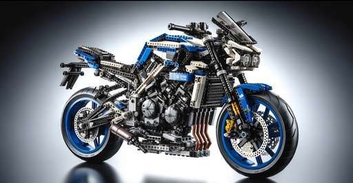 Dynamic and detailed rendering of the LEGO Technic Yamaha MT-10 SP 42159, highlighting its complex mechanical features including a 4-cylinder engine, functional gearbox, and detailed suspension, set against a backdrop that accentuates the model’s engineering precision and thrill.