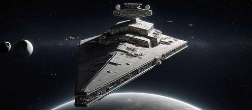 Futuristic large starship similar to the Lego Star Wars - Imperial Star Destroyer, hovering over a starlit planetary surface.