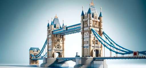 Realistic digital depiction of the LEGO Creator Expert London Tower Bridge set, showcasing the intricate design and authentic color scheme of the iconic bridge