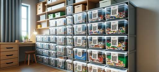 Image of an organized LEGO storage area with transparent bins labeled and featuring QR codes, showcasing a variety of LEGO bricks sorted by color and size in a brightly lit room designed for a LEGO enthusiast.