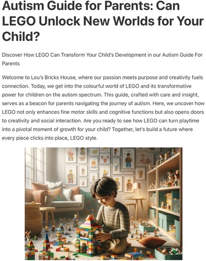 Header image from the post - Autism Guide For Parents – Building Skills with Lego, at Lou’s bricks house. Image links to the full article.