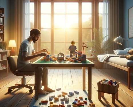 Illustration of a man building LEGO at a desk in a calm, sunlit room, symbolizing recovery and rehabilitation. The image links to the post titled ‘LEGO Therapy: Post Stroke Recovery Guide, at Lou’s Bricks House, which discusses how LEGO building activities can aid in cognitive and physical rehabilitation for individuals recovering from a stroke.