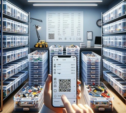 A well-organized LEGO storage room featuring labeled clear bins filled with LEGO pieces, neatly stacked on shelves. In the foreground, a hand is holding a smartphone displaying QR codes, linking to a smart labeling system for easy sorting. The image links to the post titled ‘Best LEGO Storage Solutions, Including QR Code Guide, at Lou’s Bricks House offering innovative strategies for LEGO organization using QR codes and efficient storage solutions.