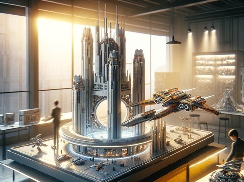 Detailed LEGO architectural model and spaceship set, displayed in a modern studio with large windows. A miniature city structure and a LEGO spaceship are highlighted, representing intricate, challenging builds. The image links to the post titled ‘Difficult LEGO Sets For Adults – Our Challenging Top 10 List of 2023,’ offering insights into the top 10 most complex LEGO sets designed for experienced builders.